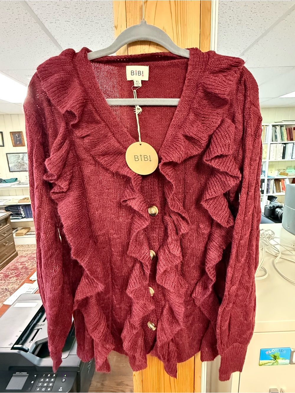 BiBi Burgundy Ruffle Button-Front Cardigan SZ:XL